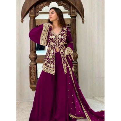 Women's Georgette Embroidery 3-4th Sleeve V-Neck Kurti, Palazzo And Dupatta Set (Wine) - POPNOVA