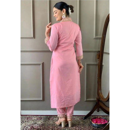 Women's Roman Silk Embroidery 3-4th Sleeve V-Neck Kurti With Pant Dupatta Set (Pink) - POPNOVA