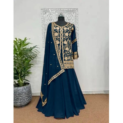Women's Georgette Embroidery 3-4th Sleeve V-Neck Kurti, Palazzo And Dupatta Set (Morpich) - POPNOVA