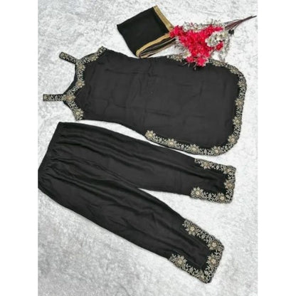 Women's Georgette Embroidery Sleeveless Round Neck Kurti, Palazzo And Dupatta Set (Black) - POPNOVA