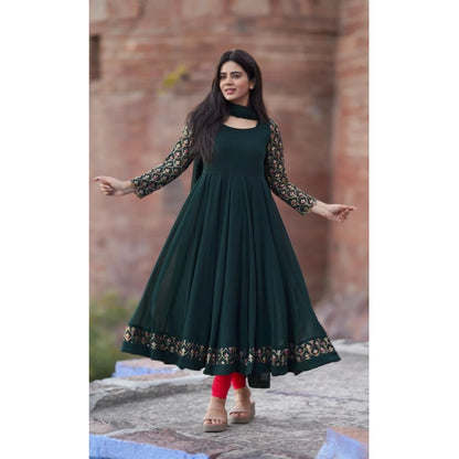 Women's Georgette Embroidery 3-4th Sleeve Round Neck Kurti with Dupatta Set (Green) - POPNOVA