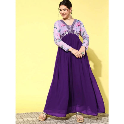 Generic Women's Georgette Embroidery 3-4th Sleeve V-Neck Kurti (Purple) - Women's Kurti | POPNOVA