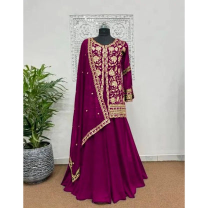 Women's Georgette Embroidery 3-4th Sleeve V-Neck Kurti, Palazzo And Dupatta Set (Wine) - POPNOVA