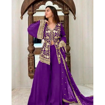 Women's Georgette Embroidery 3-4th Sleeve V-Neck Kurti, Palazzo And Dupatta Set (Purple) - POPNOVA