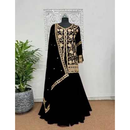 Women's Georgette Embroidery 3-4th Sleeve V-Neck Kurti, Palazzo And Dupatta Set (Black) - POPNOVA