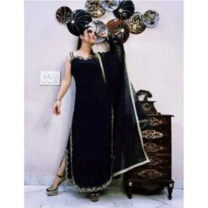 Women's Georgette Embroidery Sleeveless Round Neck Kurti, Palazzo And Dupatta Set (Black) - POPNOVA