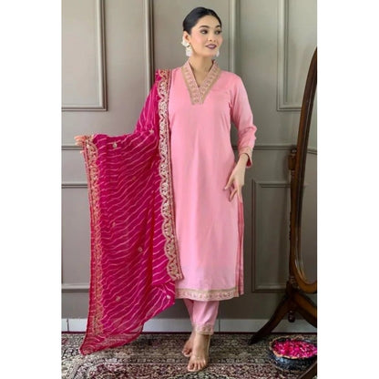 Women's Roman Silk Embroidery 3-4th Sleeve V-Neck Kurti With Pant Dupatta Set (Pink) - POPNOVA