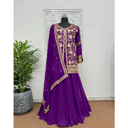 Women's Georgette Embroidery 3-4th Sleeve V-Neck Kurti, Palazzo And Dupatta Set (Purple) - POPNOVA