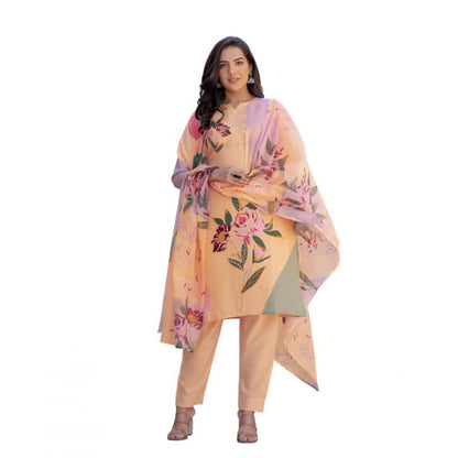 Women's Cotton Blend Printed Kurti With Pant Dupatta Set (Orange) - POPNOVA