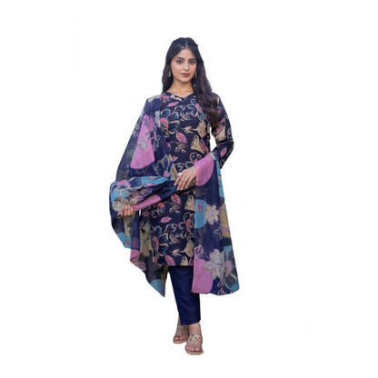 Women's Cotton Blend Printed Kurti With Pant Dupatta Set (NavyBlue) - POPNOVA