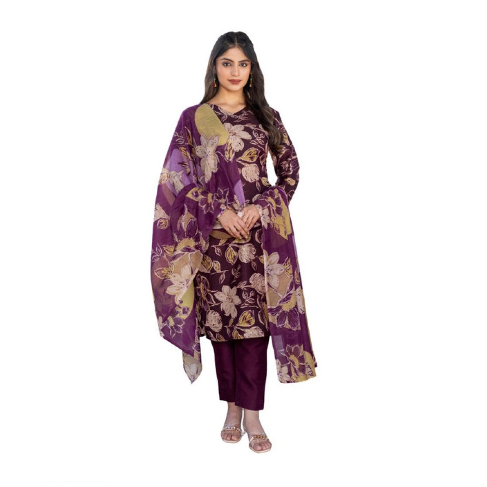 Women's Cotton Blend Printed Kurti With Pant Dupatta Set (Purple) - POPNOVA