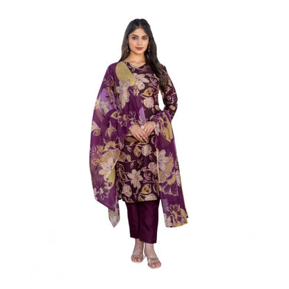 Women's Cotton Blend Printed Kurti With Pant Dupatta Set (Purple) - POPNOVA