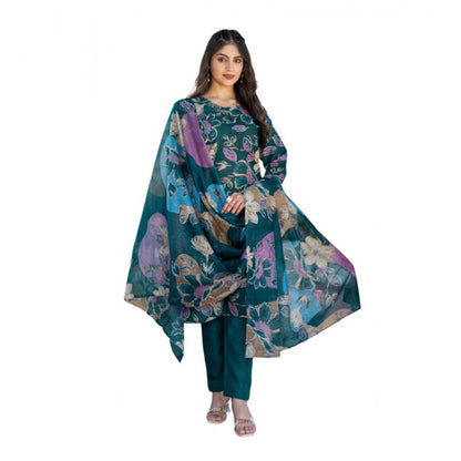 Women's Cotton Blend Printed Kurti With Pant Dupatta Set (Rama) - POPNOVA