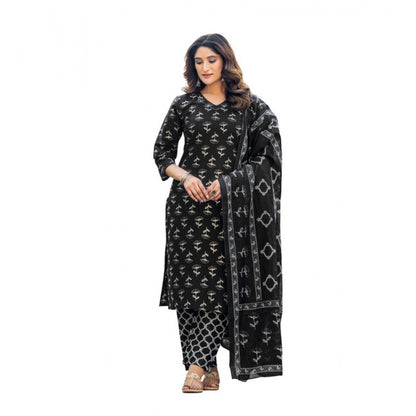 Women's Cotton Blend Printed Kurti With Pant Dupatta Set (Black) - POPNOVA