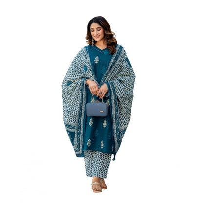 Women's Cotton Blend Printed Kurti With Pant Dupatta Set (Morpichh) - POPNOVA