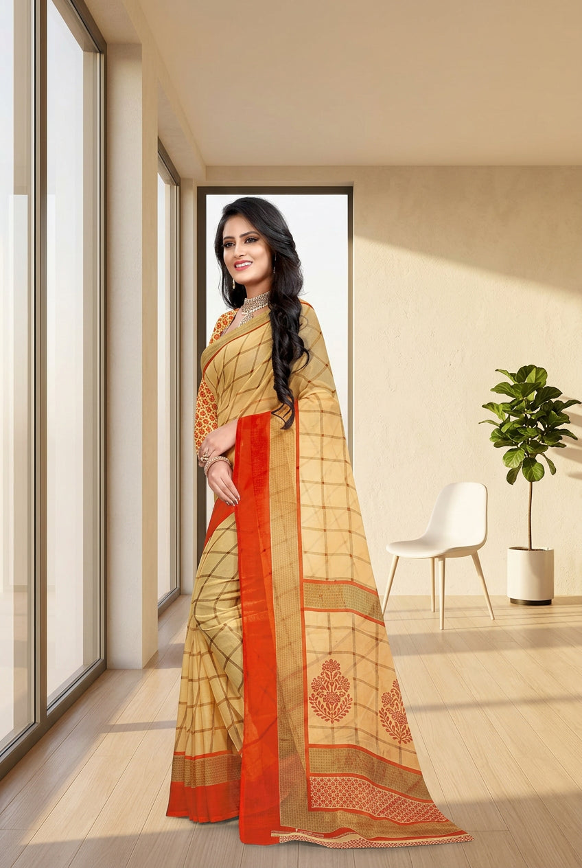 Women's Georgette Printed Saree With Unstitched Blouse 5.5Mtr (Orange) - POPNOVA saree