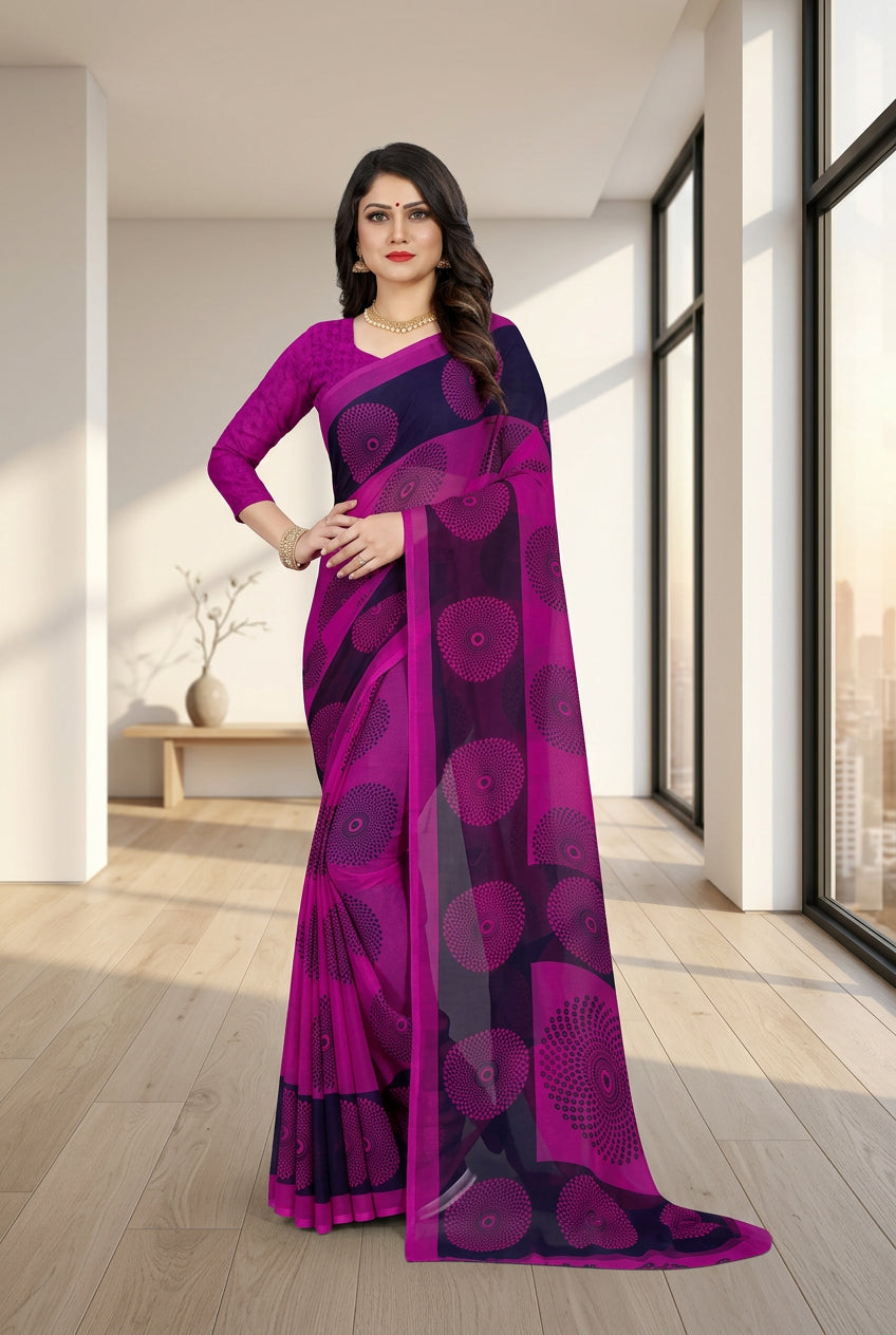 Women's Georgette Printed Saree With Unstitched Blouse 5.5Mtr (Purple) - POPNOVA saree