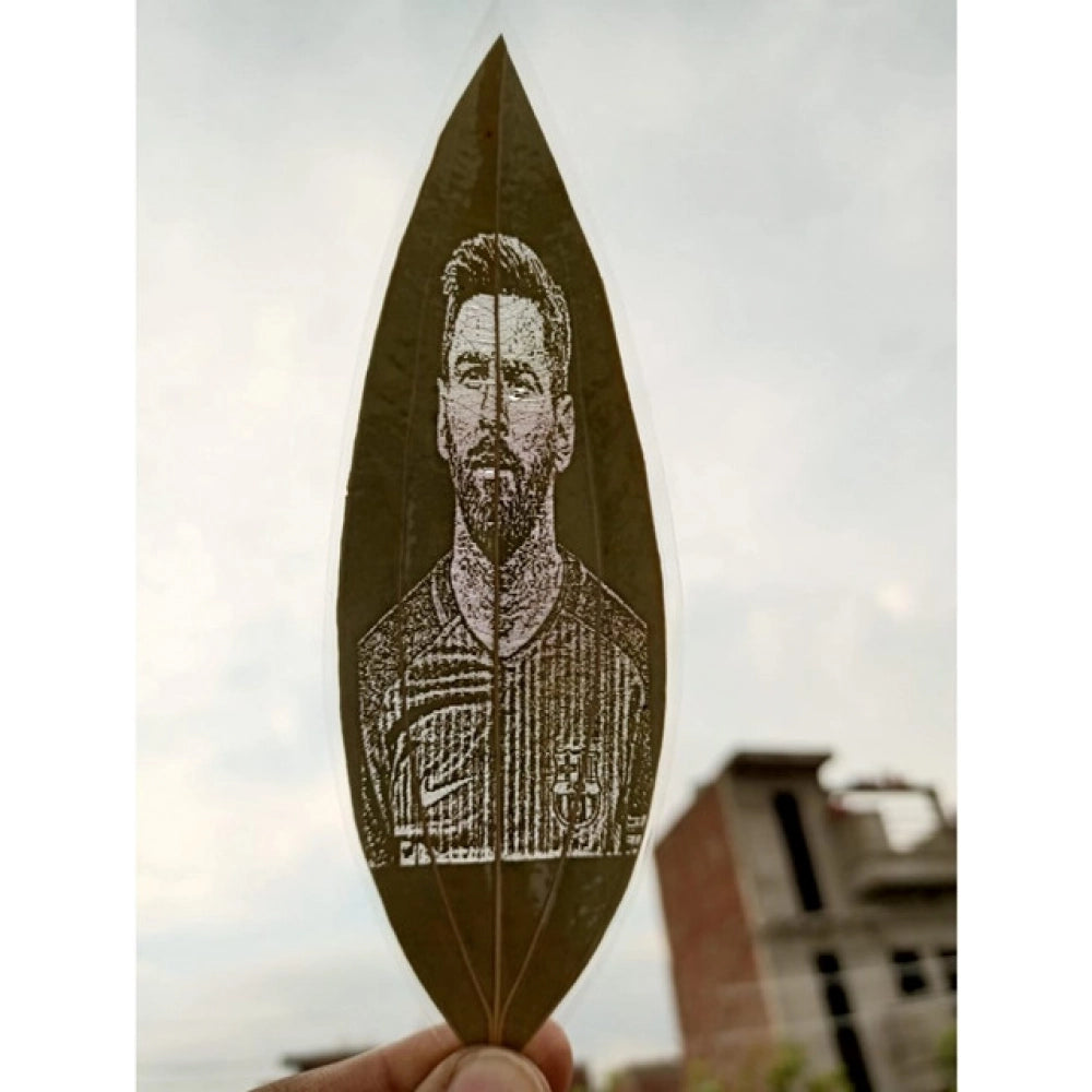 Custom Engraved Leaf Art – Football Player Portrait on Natural Leaf | Home Accessories