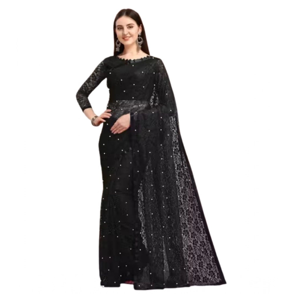 Women's Net Self Design Saree With Unstitched Blouse 5.5 Mtr (Black)