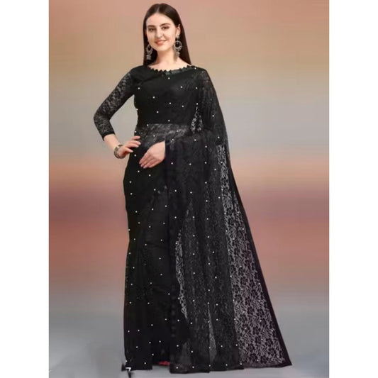 Women's Net Self Design Saree With Unstitched Blouse 5.5m (Black)