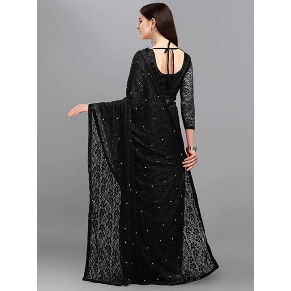Women's Net Self Design Saree With Unstitched Blouse 5.5 Mtr (Black)
