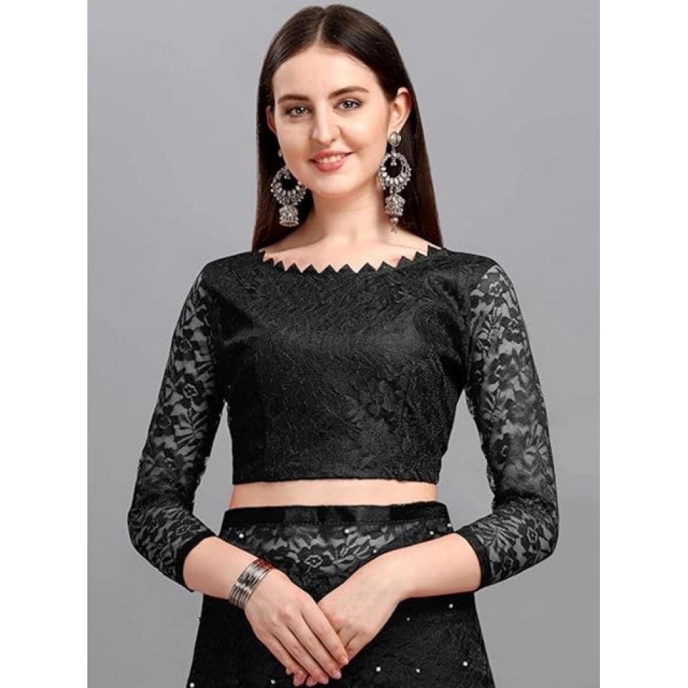 Women's Net Self Design Saree With Unstitched Blouse 5.5 Mtr (Black)