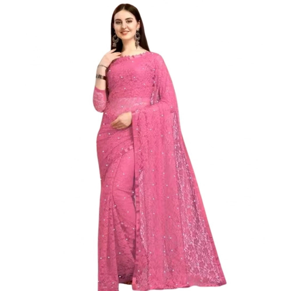 Women's Net Self Design Saree With Unstitched Blouse 5.5 Mtr (Dark Pink)