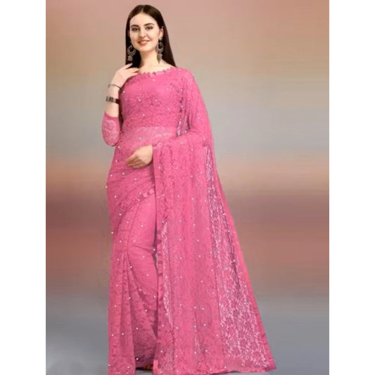 Women's Net Self Design Saree With Unstitched Blouse 5.5m (Dark Pink)