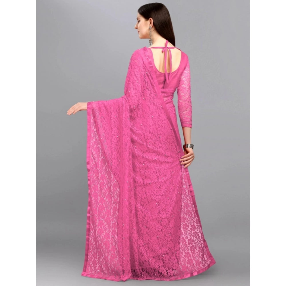Women's Net Self Design Saree With Unstitched Blouse 5.5 Mtr (Dark Pink)