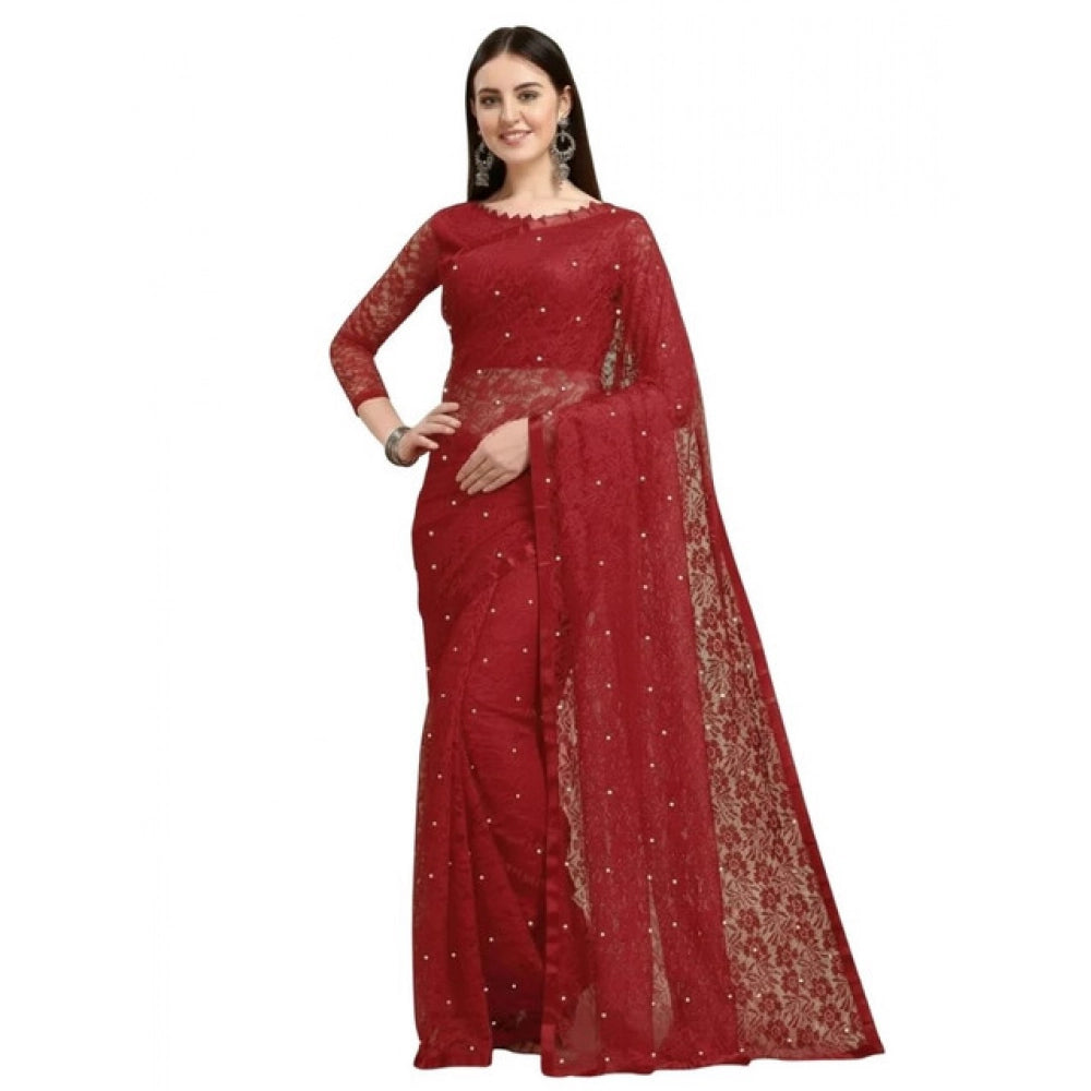 Women's Net Self Design Saree With Unstitched Blouse 5.5 Mtr (Maroon)