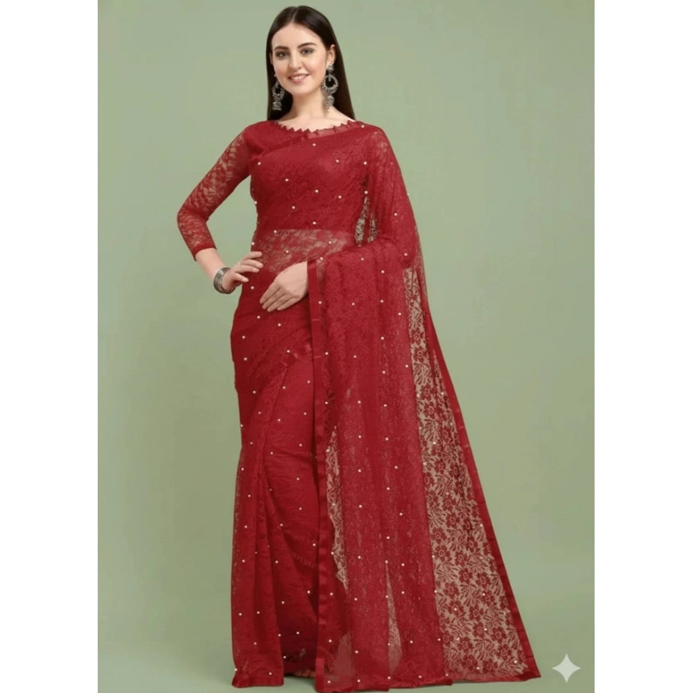 Women's Net Self Design Saree With Unstitched Blouse 5.5 Mtr (Maroon)