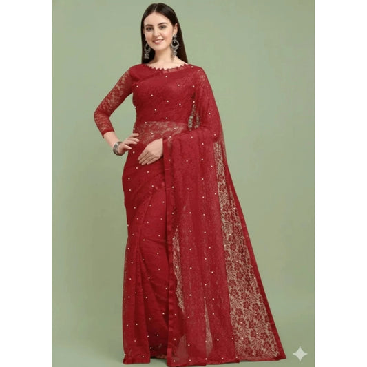 Women's Net Self Design Saree With Unstitched Blouse 5.5m (Maroon)