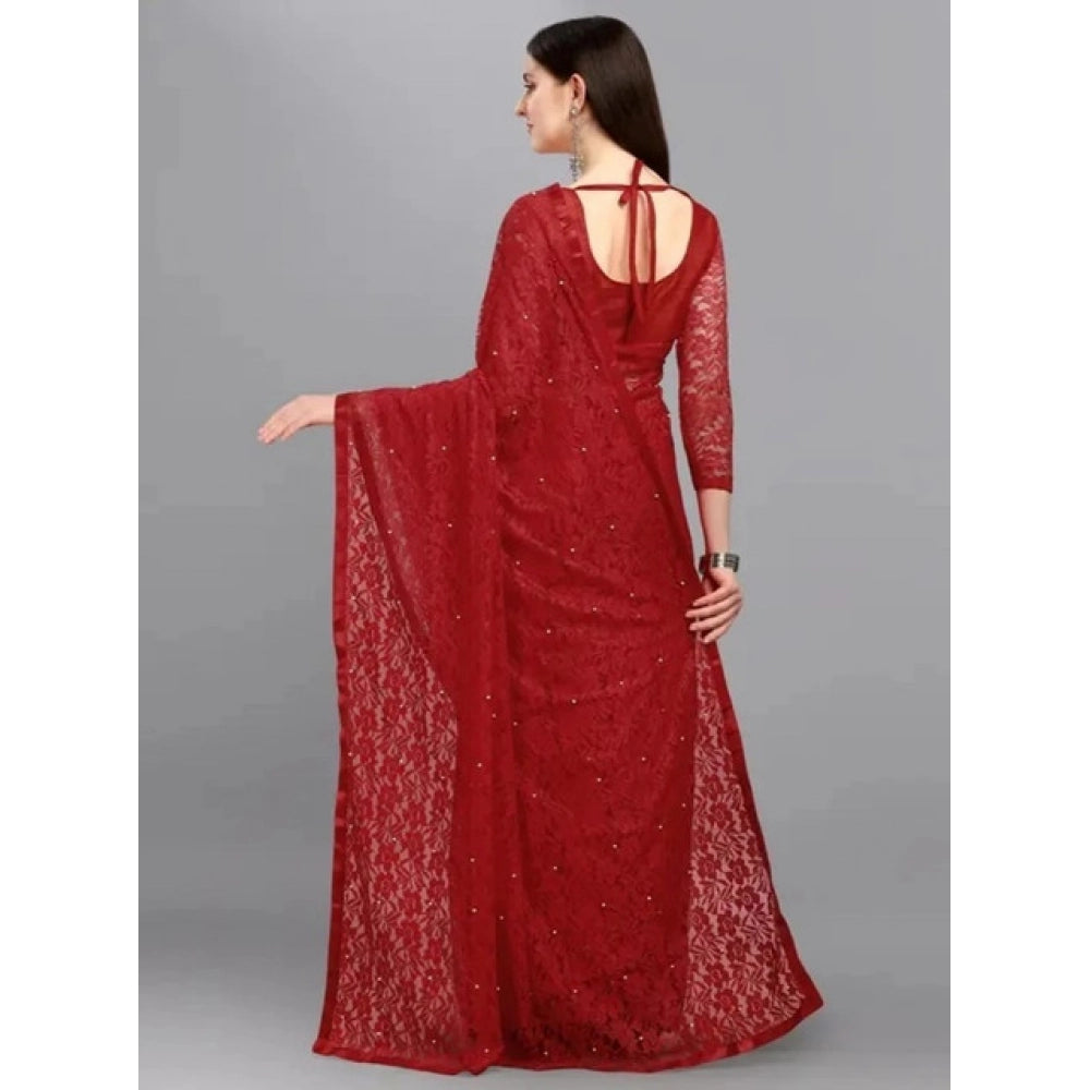 Women's Net Self Design Saree With Unstitched Blouse 5.5 Mtr (Maroon)
