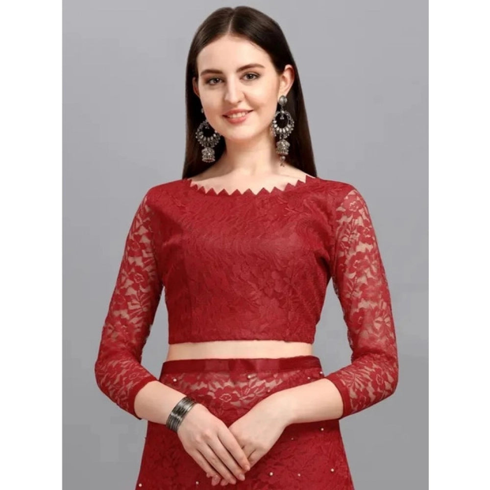 Women's Net Self Design Saree With Unstitched Blouse 5.5 Mtr (Maroon)