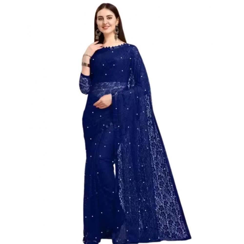 Women's Net Self Design Saree With Unstitched Blouse 5.5 Mtr (Navy Blue)