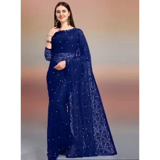 Women's Net Self Design Saree With Unstitched Blouse 5.5m (Navy Blue)