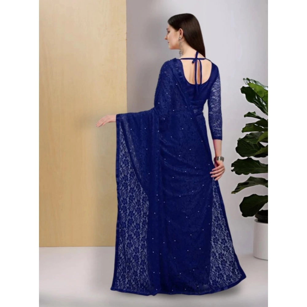 Women's Net Self Design Saree With Unstitched Blouse 5.5 Mtr (Navy Blue)