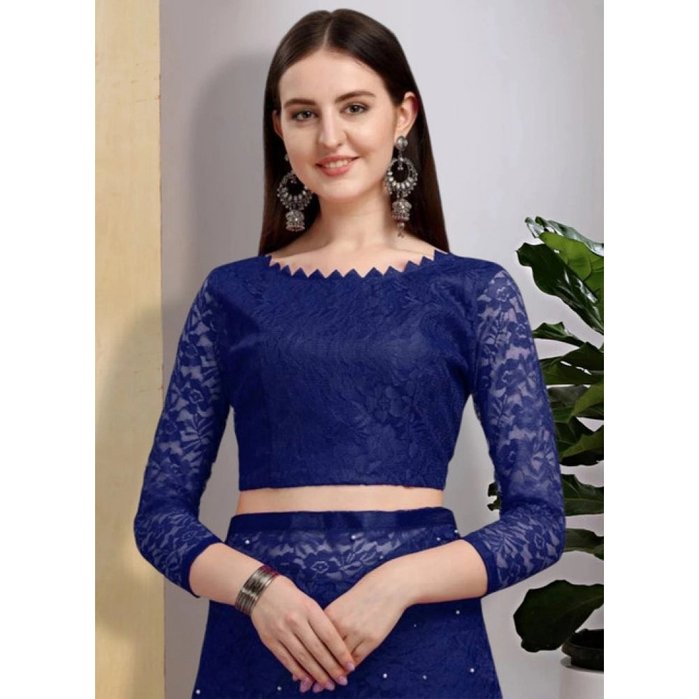 Women's Net Self Design Saree With Unstitched Blouse 5.5 Mtr (Navy Blue)