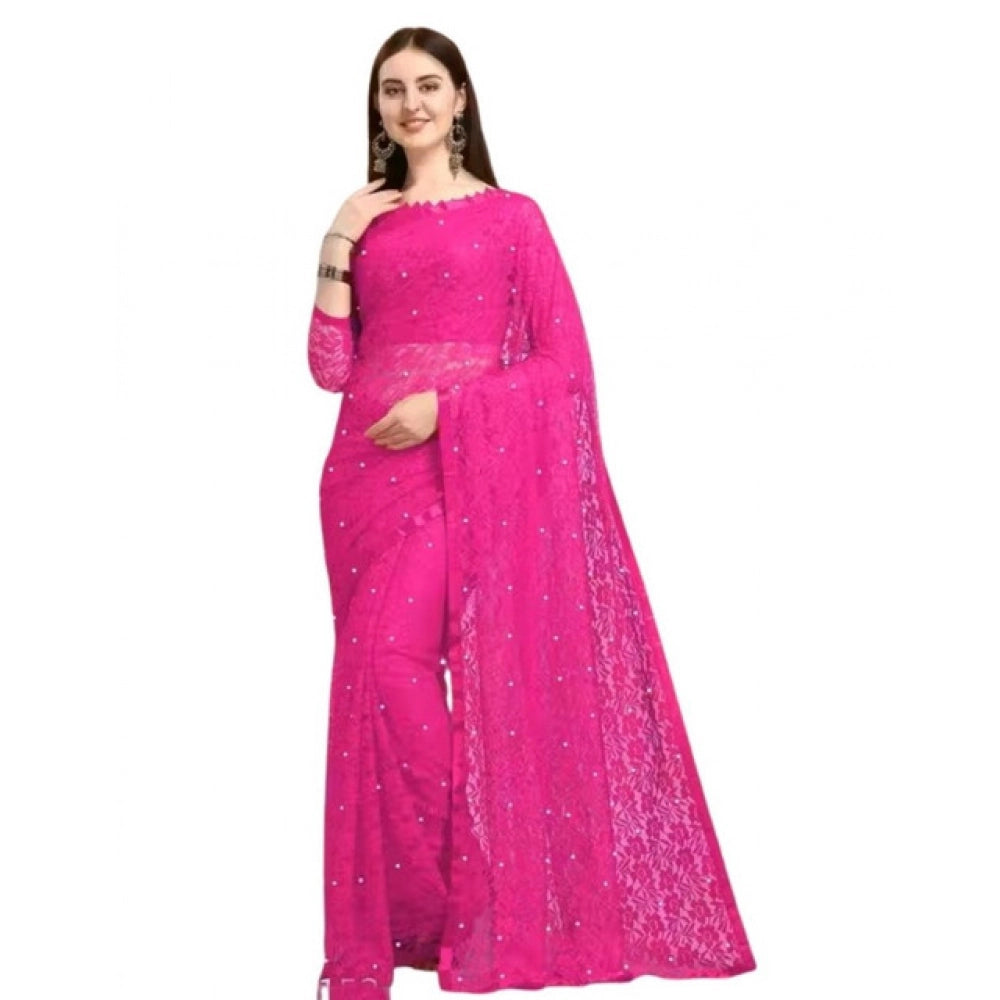 Women's Net Self Design Saree With Unstitched Blouse 5.5 Mtr (Rani)