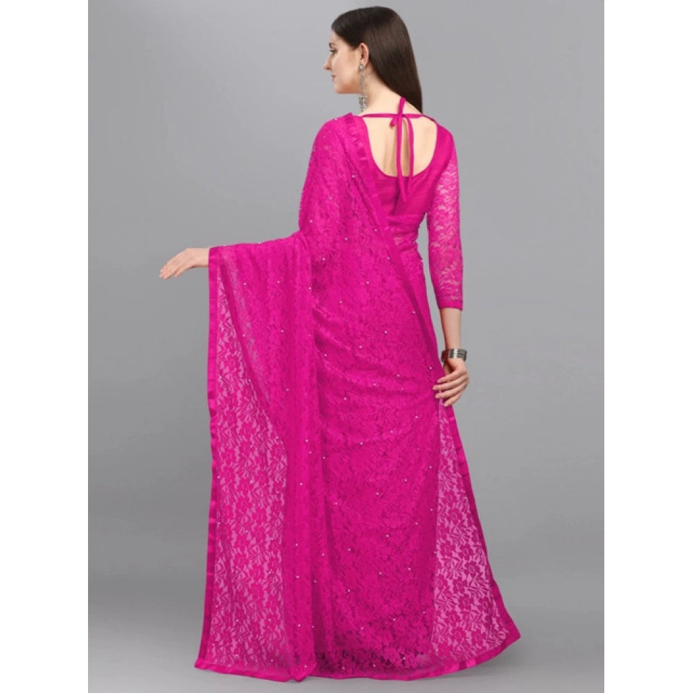 Women's Net Self Design Saree With Unstitched Blouse 5.5 Mtr (Rani)
