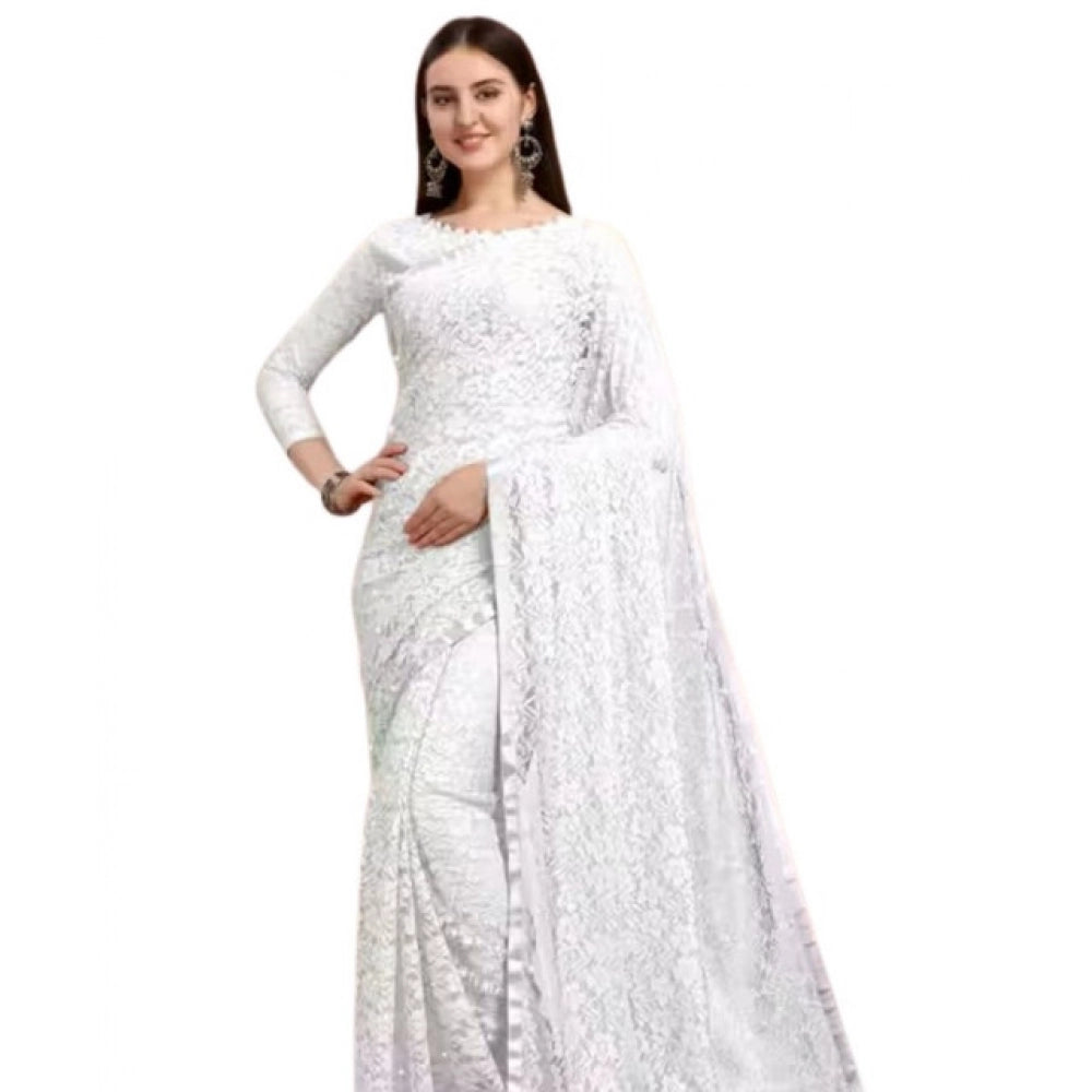 Women's Net Self Design Saree With Unstitched Blouse 5.5 Mtr (White)