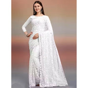 Women's Net Self Design Saree With Unstitched Blouse 5.5 Mtr (White)