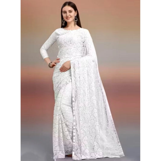 Women's Net Self Design Saree With Unstitched Blouse 5.5m (White)