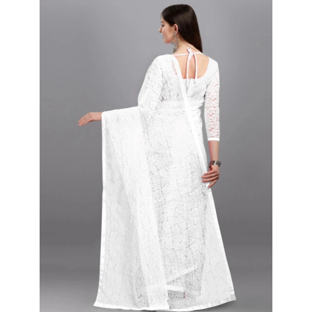 Women's Net Self Design Saree With Unstitched Blouse 5.5 Mtr (White)