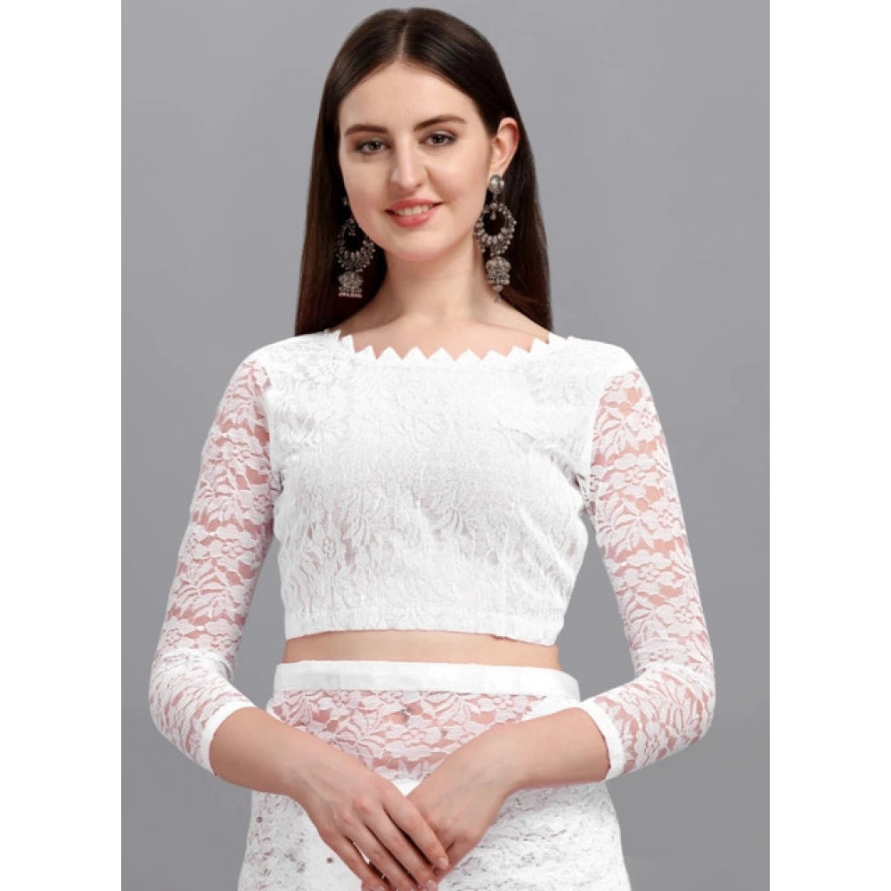 Women's Net Self Design Saree With Unstitched Blouse 5.5 Mtr (White)