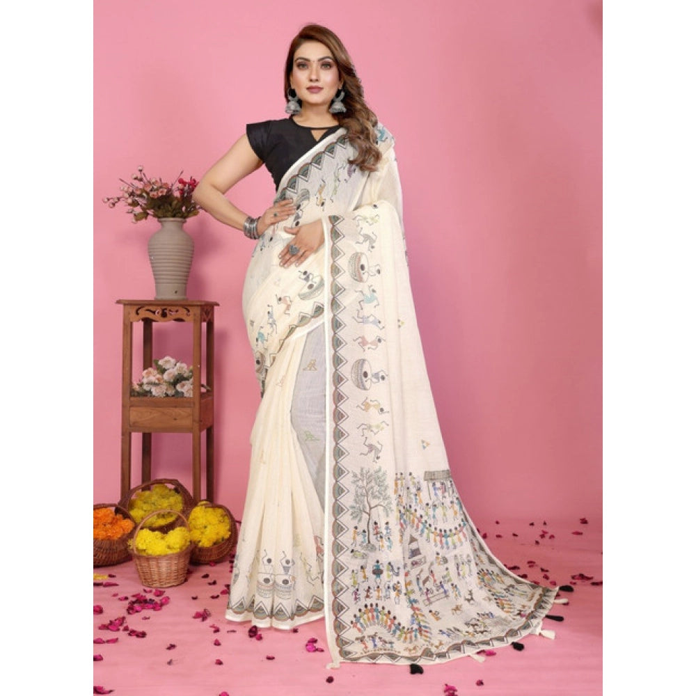 Women's Linen Cotton Printed Saree With Unstitched Blouse 5.5 Mtr (Off White)