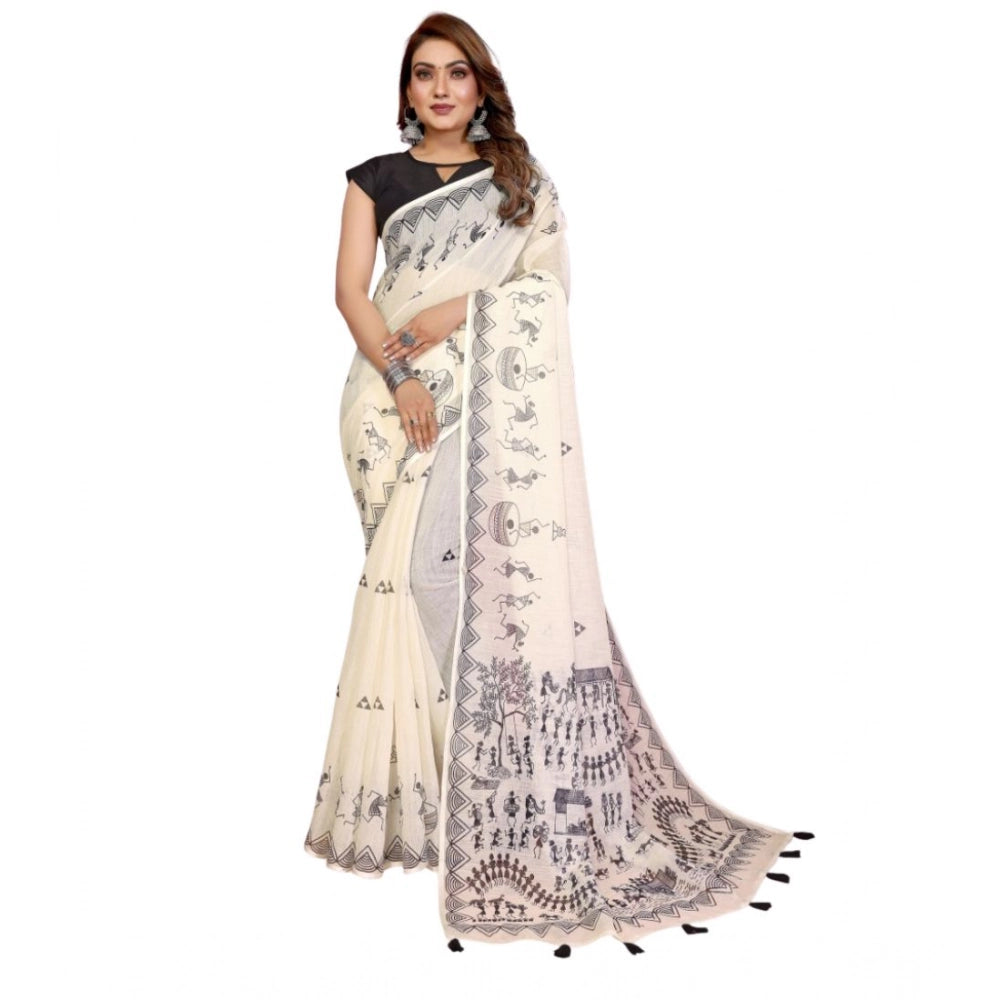 Women's Linen Cotton Printed Saree With Unstitched Blouse 5.5 Mtr (Off White)