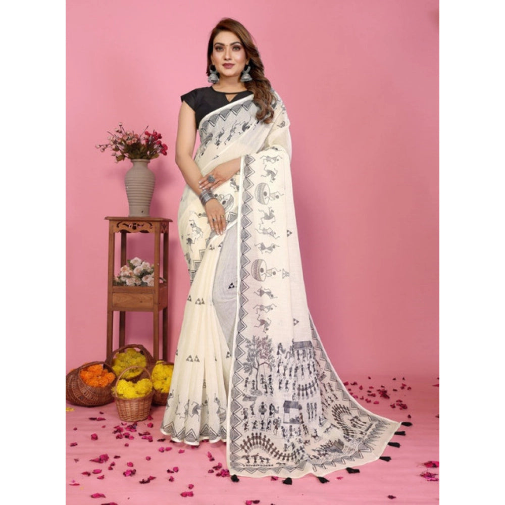Women's Linen Cotton Printed Saree With Unstitched Blouse 5.5 Mtr (Off White)