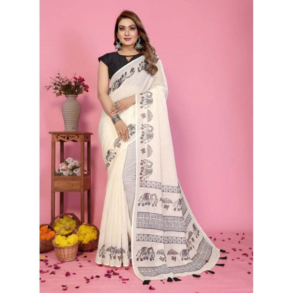 Women's Linen Cotton Printed Saree With Unstitched Blouse 5.5 Mtr (Off White)