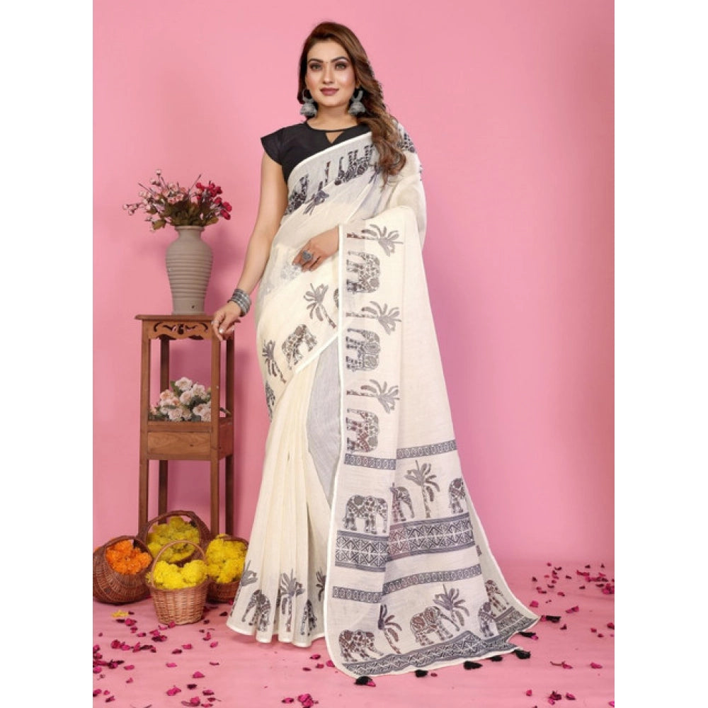 Women's Linen Cotton Printed Saree With Unstitched Blouse 5.5 Mtr (Off White)